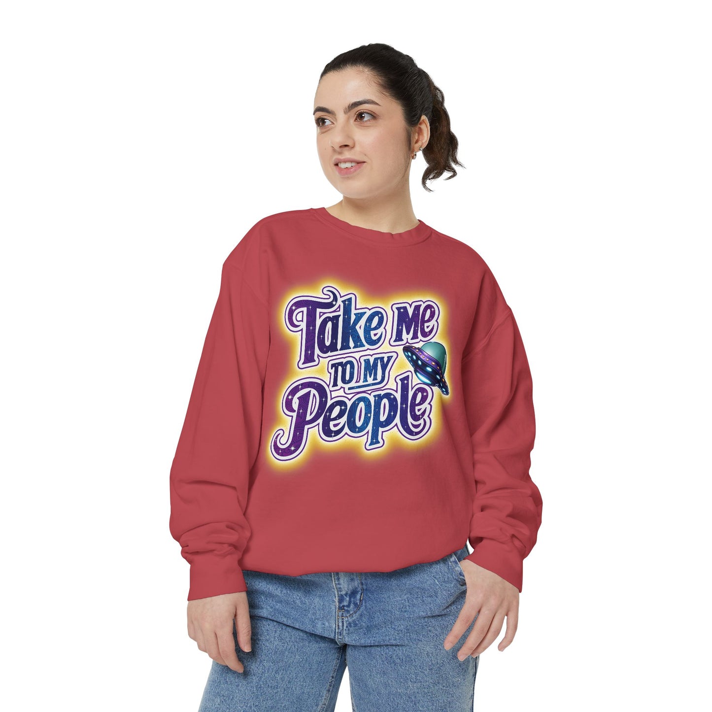 Take Me To My People  – Retro Funny UFO Alien Sweatshirt | Comfort Colors Unisex Pullover