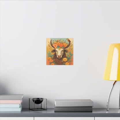 Bull with Bird – Floral Serenity Wall Art (Taurus Inspired), Square