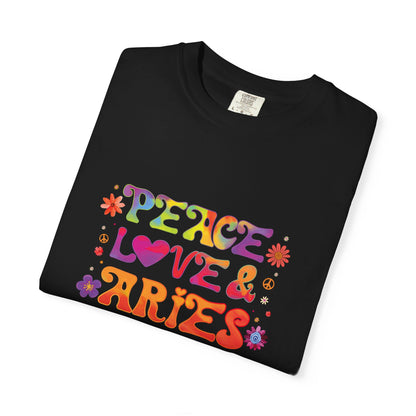 Peace Love & Aries – Colorful Retro Zodiac Tee