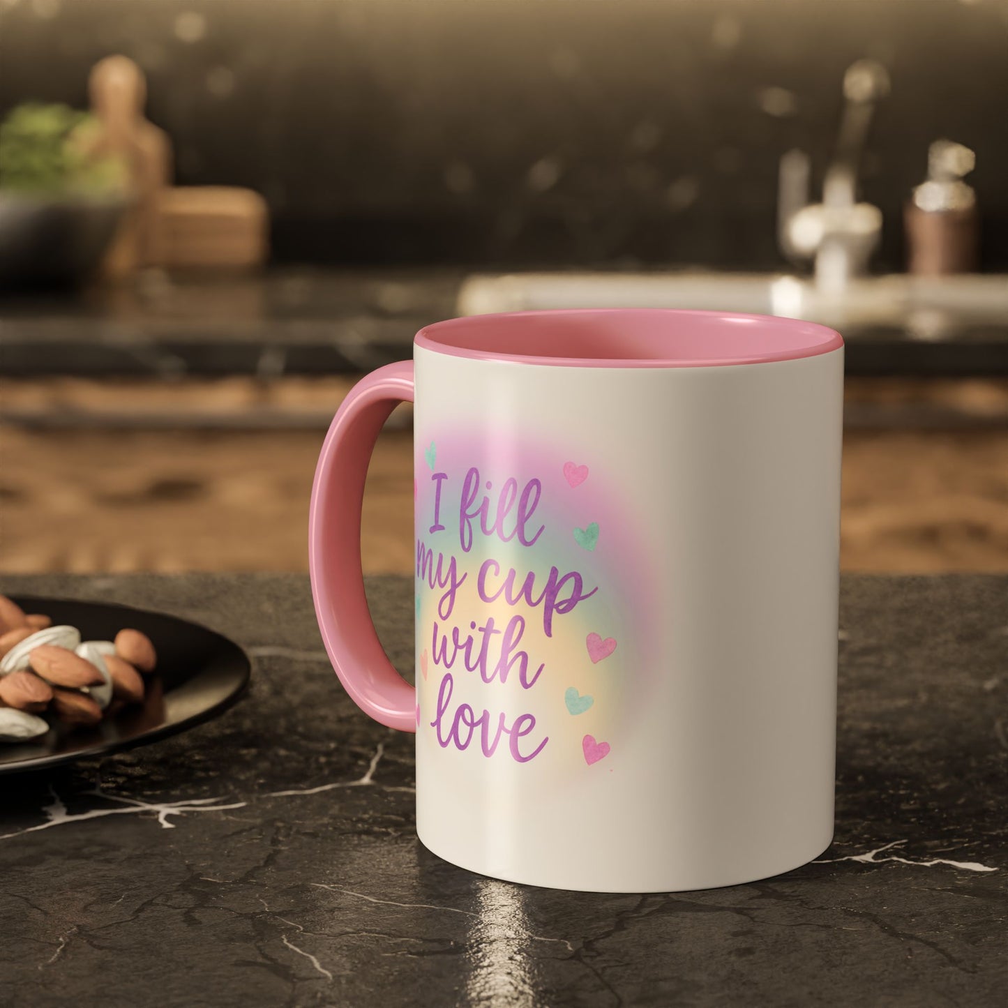 I Fill My Cup with Love – Sweet Hearts Colorful Affirmation Mug (11oz & 15oz Pink Accent)