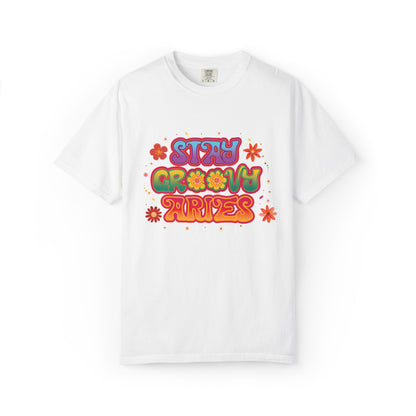 Stay Groovy Aries Tee – Colorful Retro Zodiac Shirt, 70s Flower Power Style