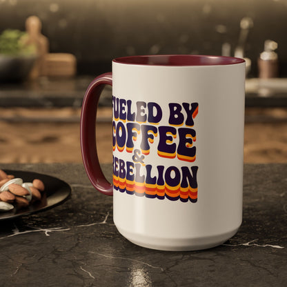 Fueled by Coffee & Rebellion – Funny Retro Mug (Color Accent, 11oz & 15oz)