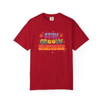 Stay Groovy Sagittarius – Retro Zodiac Flower Power Tee