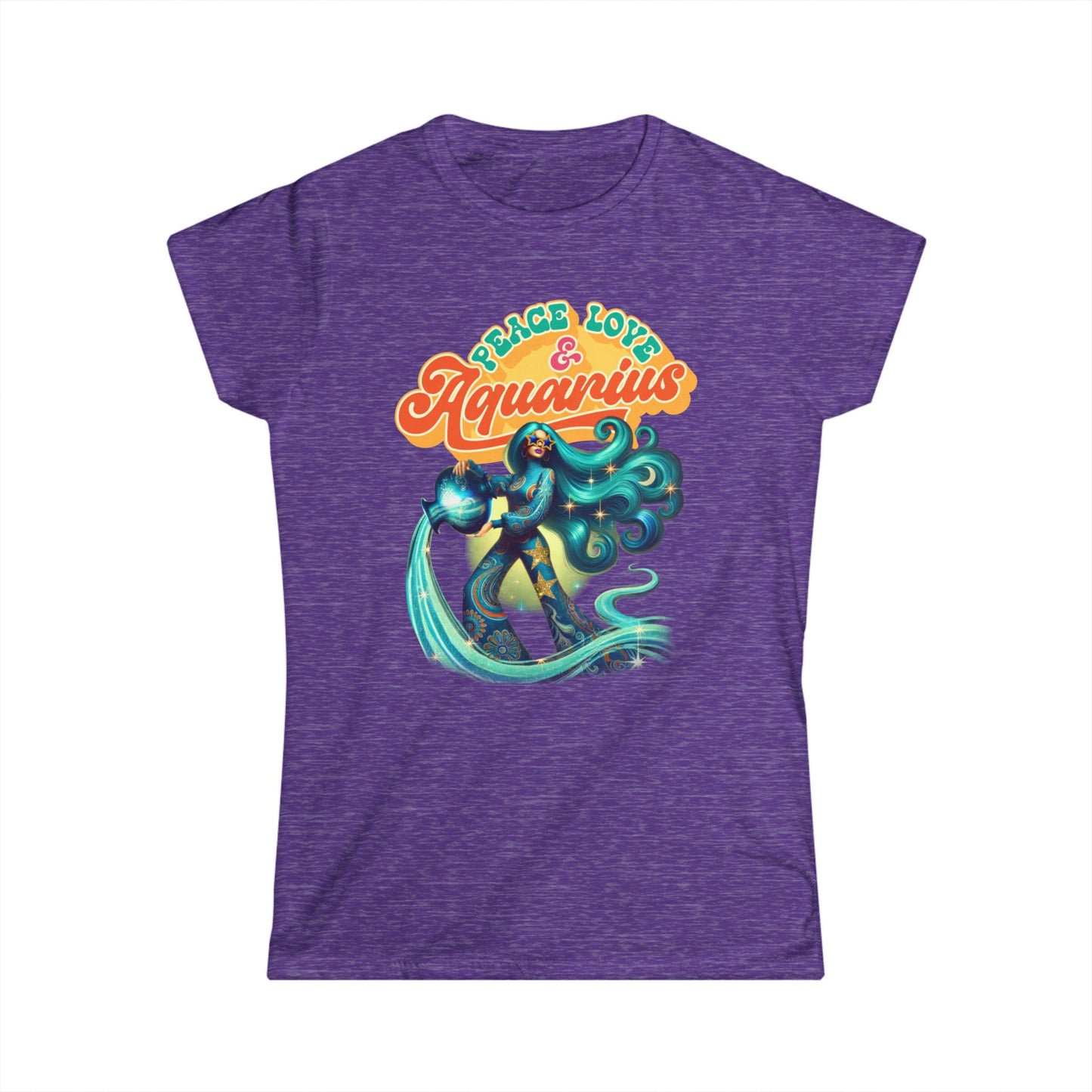 Peace Love Aquarius Women’s Softstyle Tee – Empowering Retro Zodiac Shirt