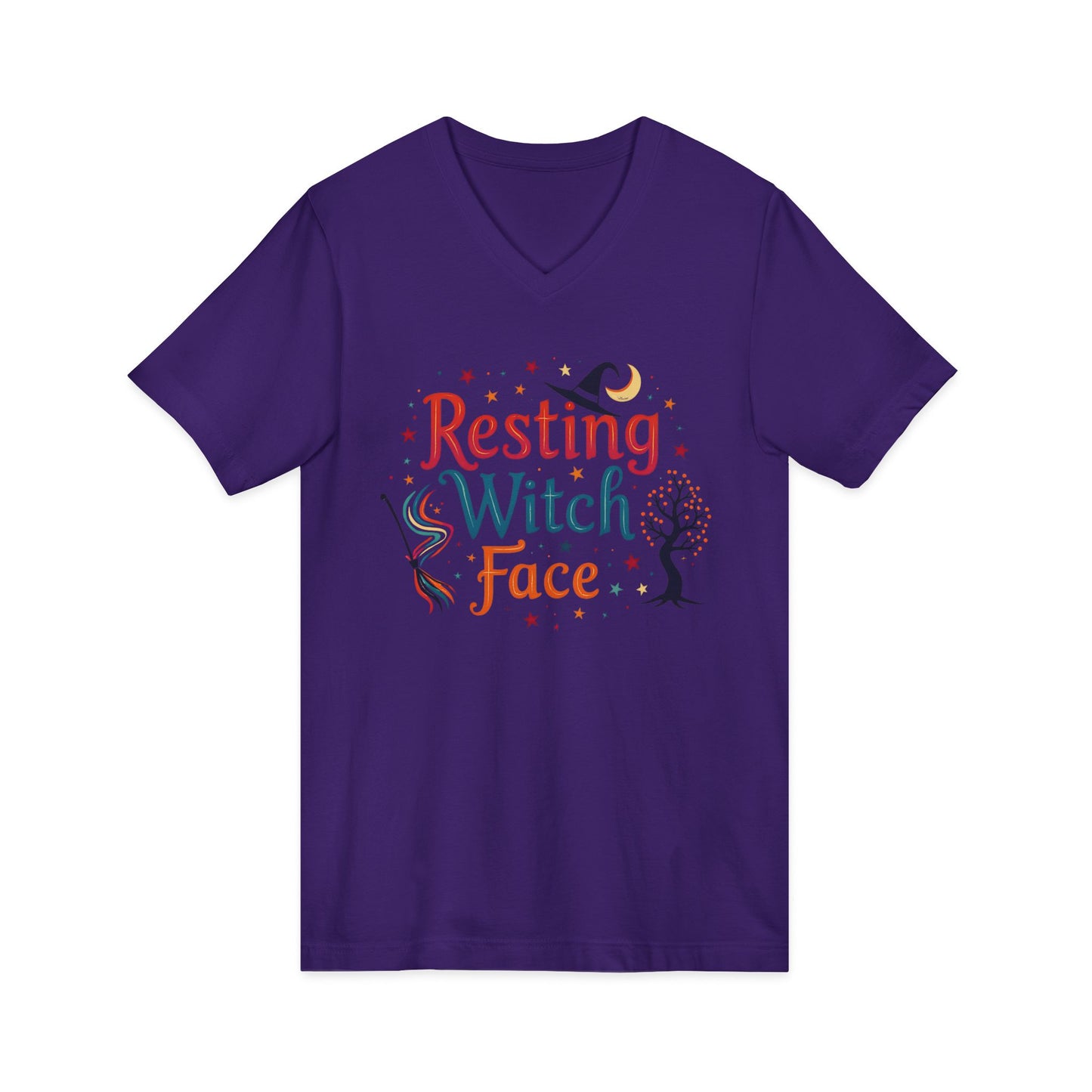 Resting Witch Face V-Neck Tee – Funny Magical Colorful Shirt