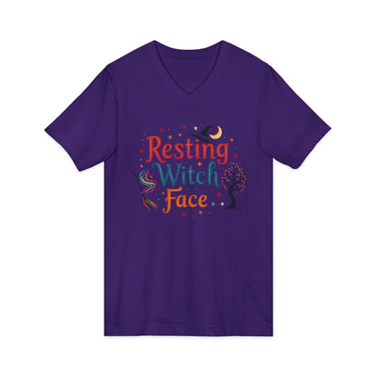 Resting Witch Face V-Neck Tee – Funny Magical Colorful Shirt