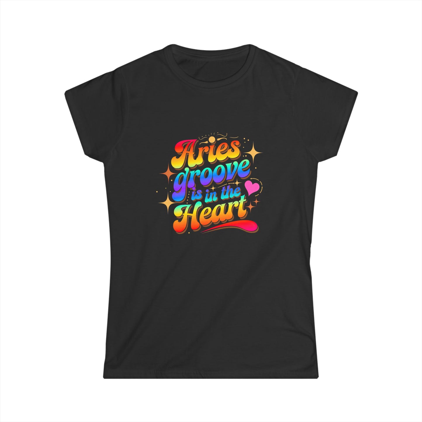 Aries Groove Is in the Heart T-Shirt | Rainbow Aries Vibes Tee | Zodiac Astrology Shirt for Her | Cosmic Birthday Gift | Women's Softstyle Star Sign Tee