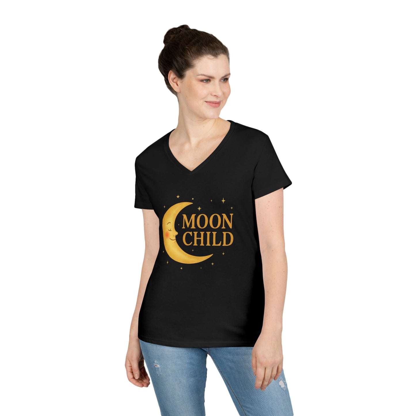 Moon Child Women’s V-Neck Tee – Empowering Celestial Lunar Zodiac Shirt