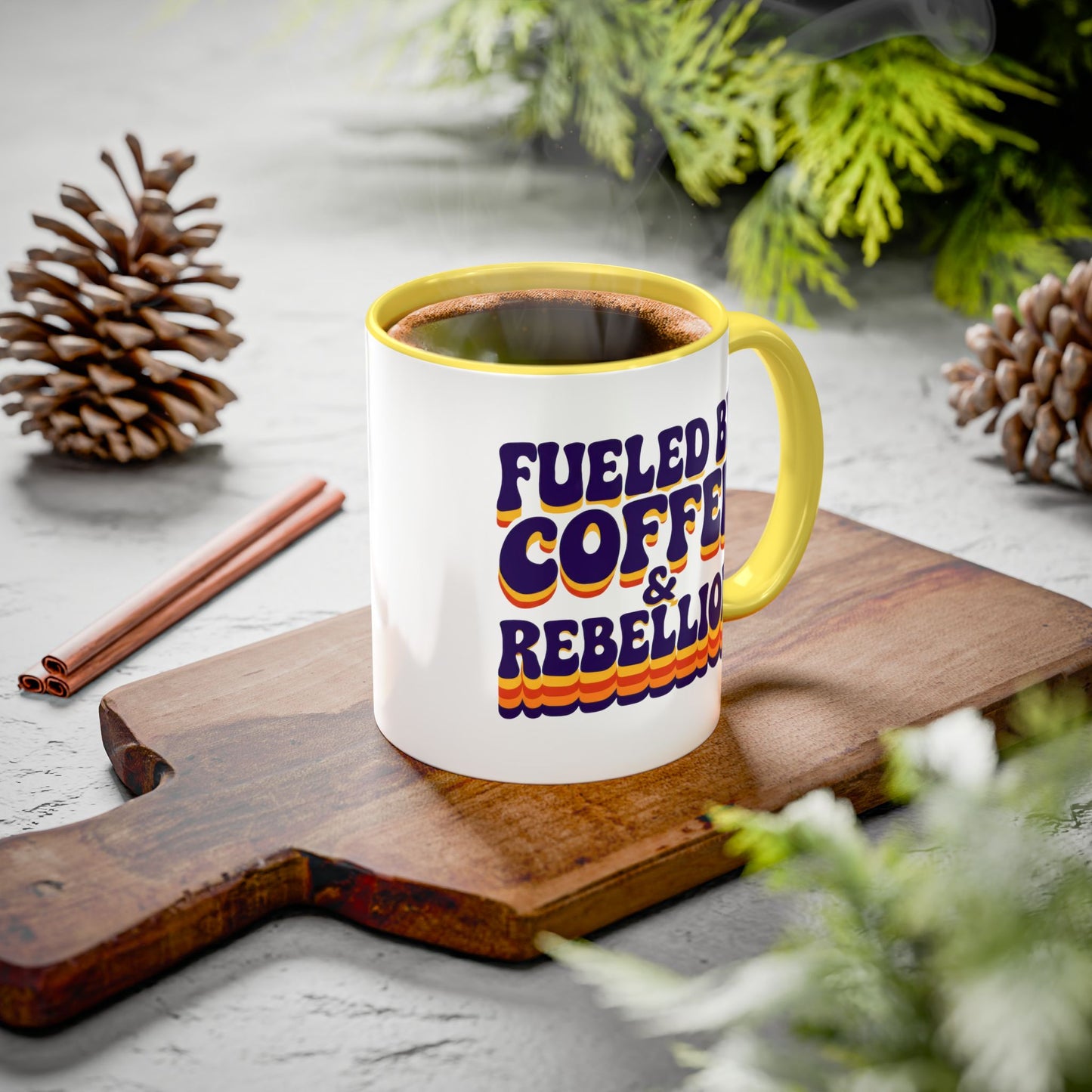 Fueled by Coffee & Rebellion – Funny Retro Mug (Color Accent, 11oz & 15oz)
