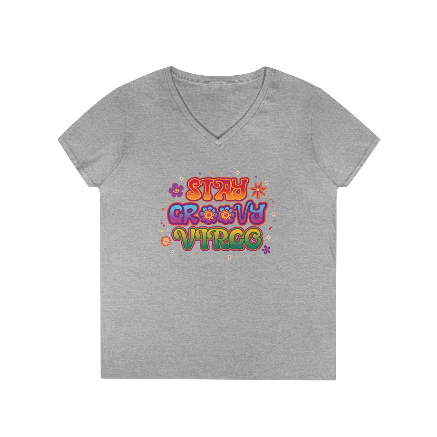 Stay Groovy Virgo Women’s V-Neck Tee – Empowering Retro Colorful Shirt
