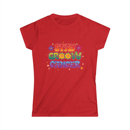 Stay Groovy Cancer Women’s Softstyle Tee – Empowering Retro Zodiac Shirt