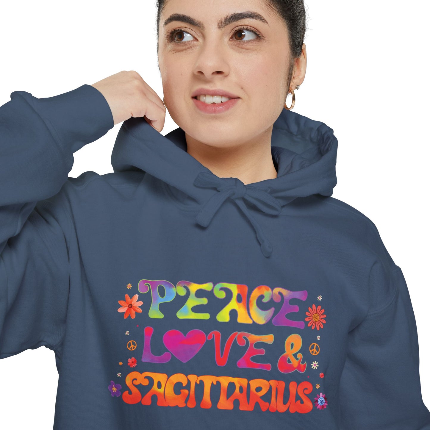 Peace Love & Sagittarius Unisex Hoodie – Groovy Retro Comfort Colors Midweight Hoodie