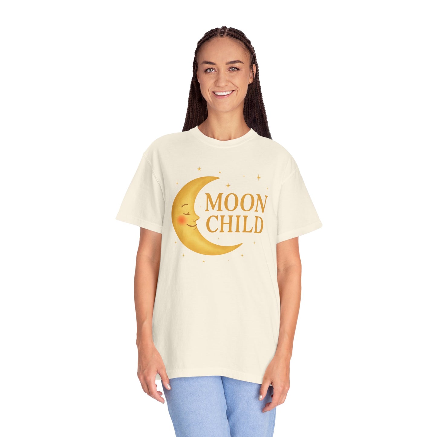 Moon Child Crescent Tee – Vibrant Golden Celestial Comfort Colors 1717 Shirt