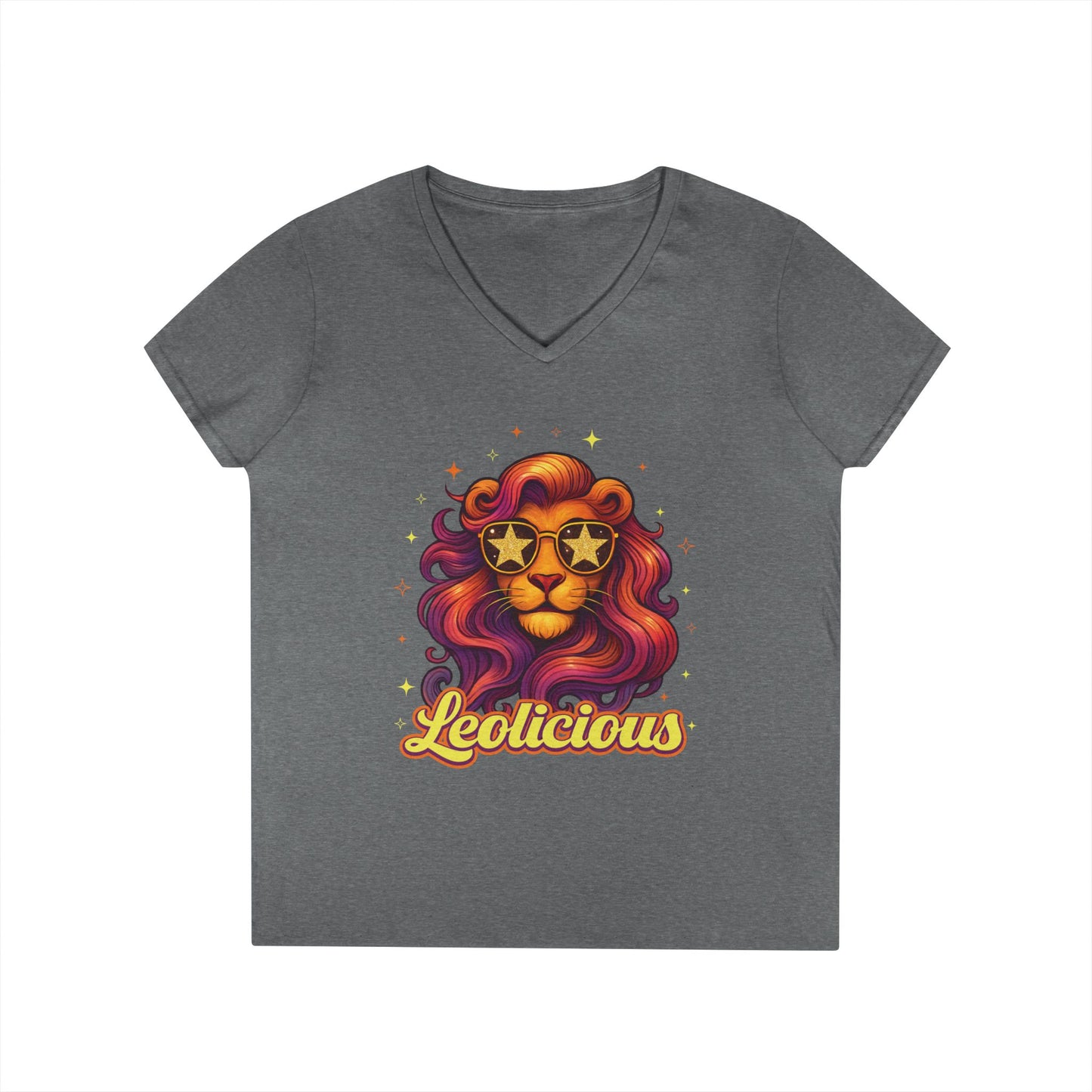 Leolicious Women’s V-Neck Tee – Empowering Retro Lion Zodiac Shirt