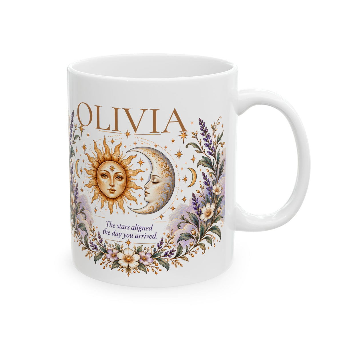 Personalized Zodiac Mug, Custom Name Coffee Mug, Boho Celestial Sun Moon Mug, Astrology Birthday Gift, Floral Boho Mug
