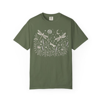 Boho Floral Night Sky Dragonfly Meadow T-Shirt