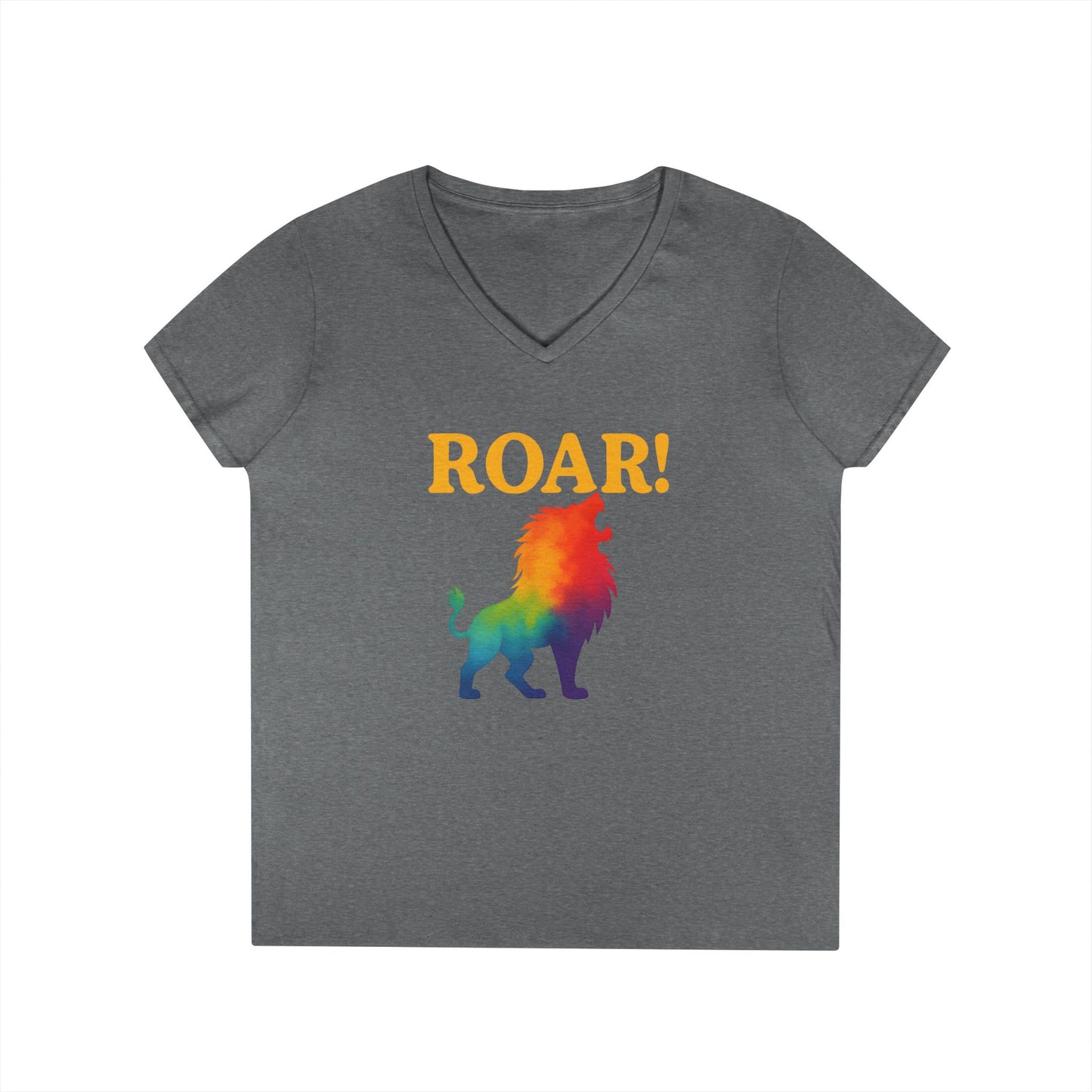 Roar Lion Women’s V-Neck Tee – Empowering Rainbow Zodiac Leo Shirt