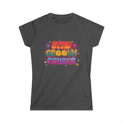 Stay Groovy Cancer Women’s Softstyle Tee – Empowering Retro Zodiac Shirt