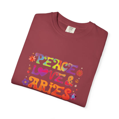 Peace Love & Aries – Colorful Retro Zodiac Tee