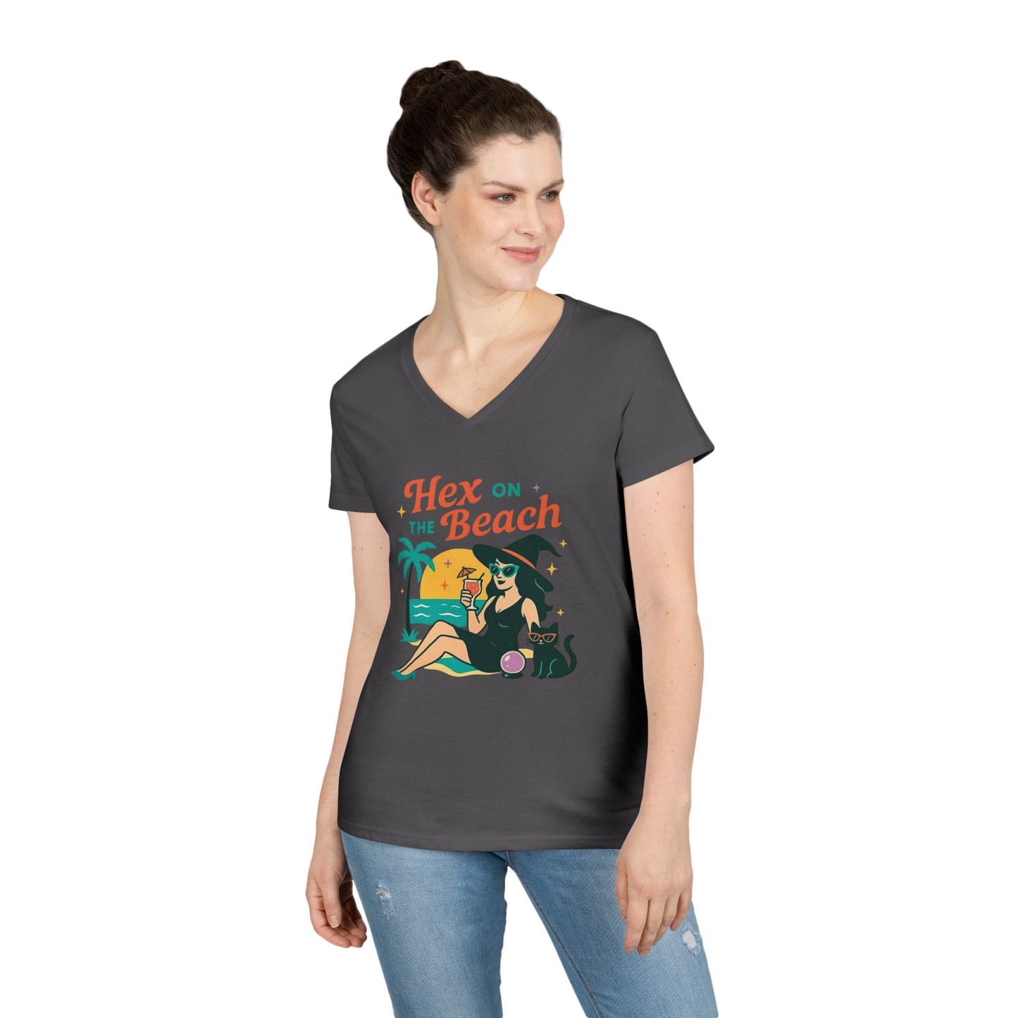 Hex on the Beach Women’s V-Neck Tee – Funny Magical Tropical Witch Shirt