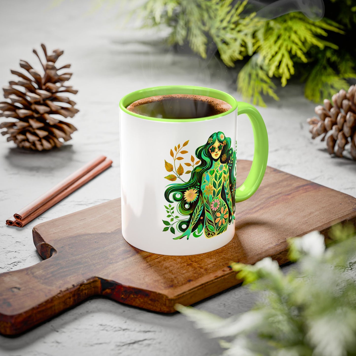 I’m Super Natural – Groovy Earth Goddess Two-Sided Mug (Yellow or Green, 11oz & 15oz)