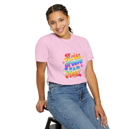 Aries Groove Is in the Heart – Rainbow Retro Zodiac Tee