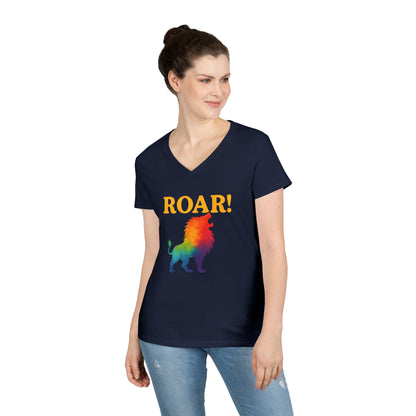 Roar Lion Women’s V-Neck Tee – Empowering Rainbow Zodiac Leo Shirt