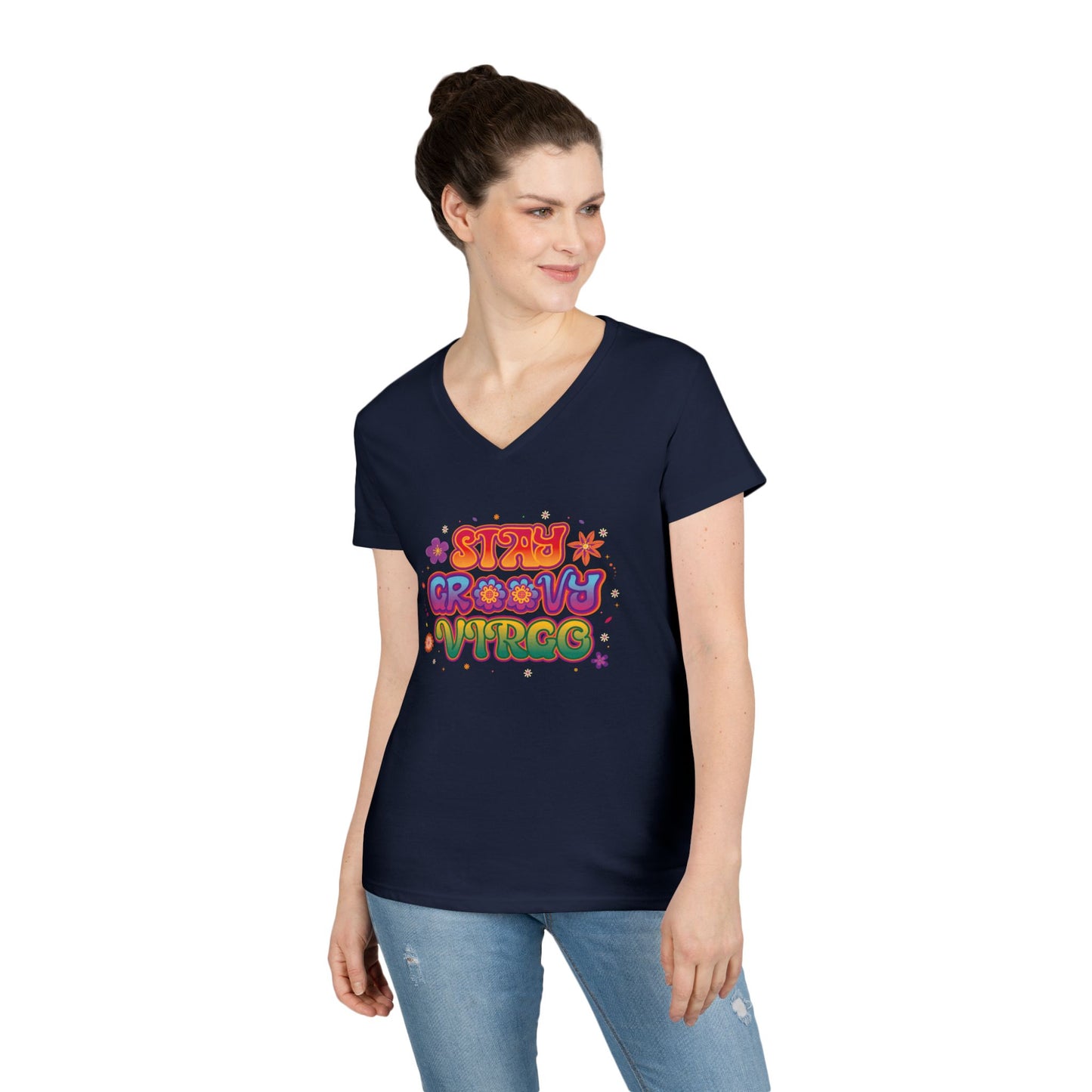 Stay Groovy Virgo Women’s V-Neck Tee – Empowering Retro Zodiac Shirt
