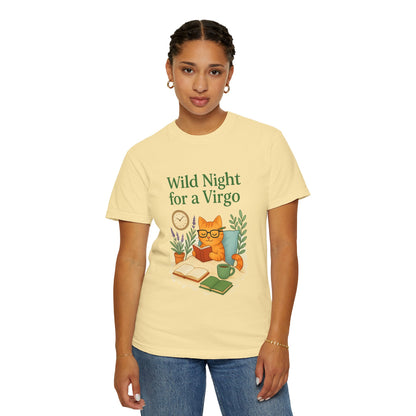 Wild Night for a Virgo – Cozy Cat Tee for Bookish Earth Signs