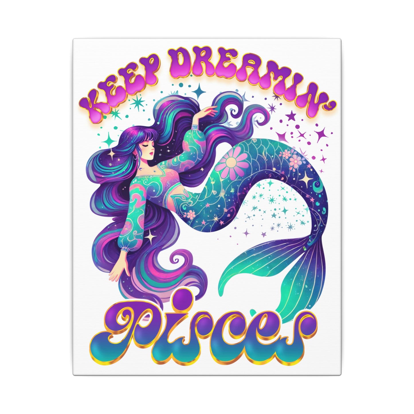 Keep Dreamin’ Pisces Mermaid – Retro Rainbow Zodiac Canvas Wall Art