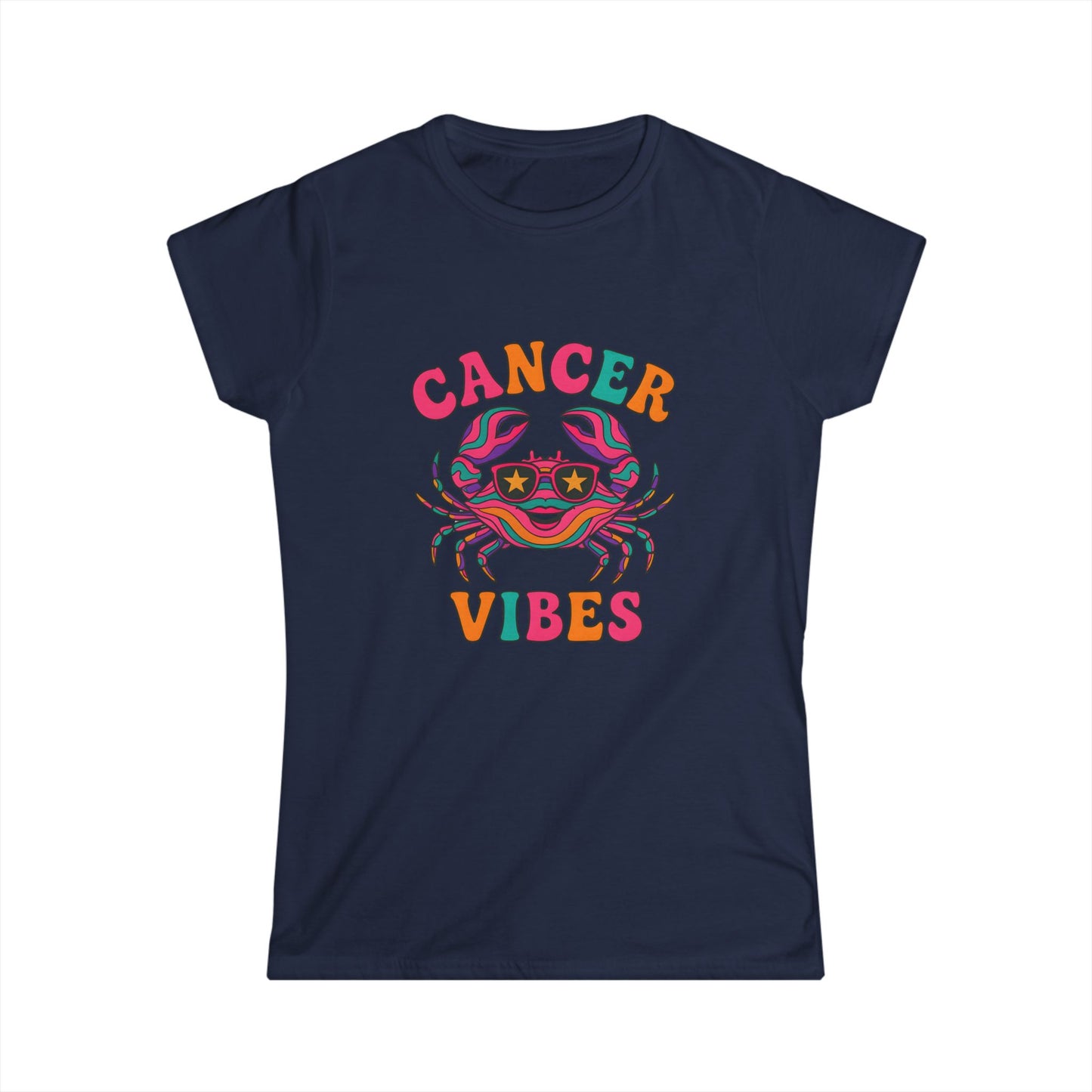 Cancer Vibes Women’s Softstyle Tee – Empowering Retro Zodiac Colorful Shirt
