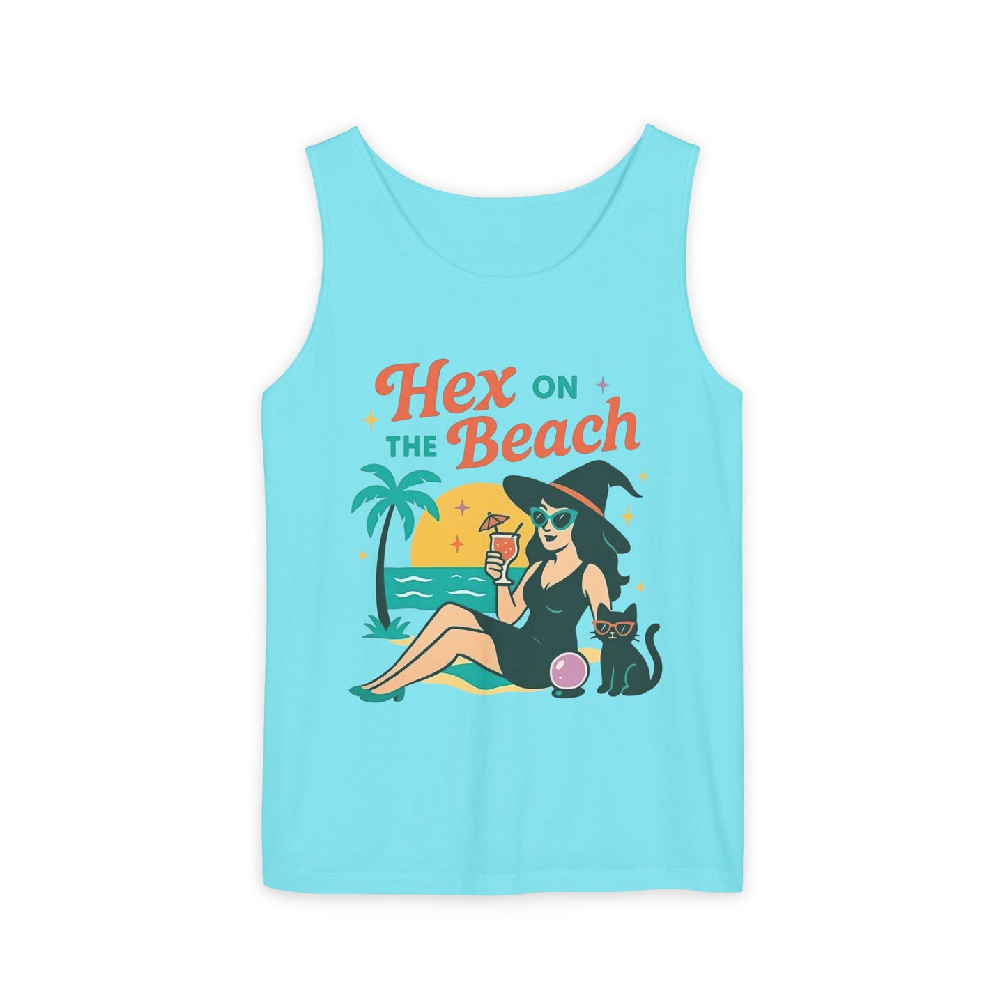 Hex on the Beach – Sunset Witch Tank with Cat & Cocktail (Unisex)