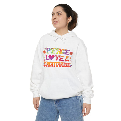 Peace Love & Sagittarius Unisex Hoodie – Groovy Retro Comfort Colors Midweight Hoodie