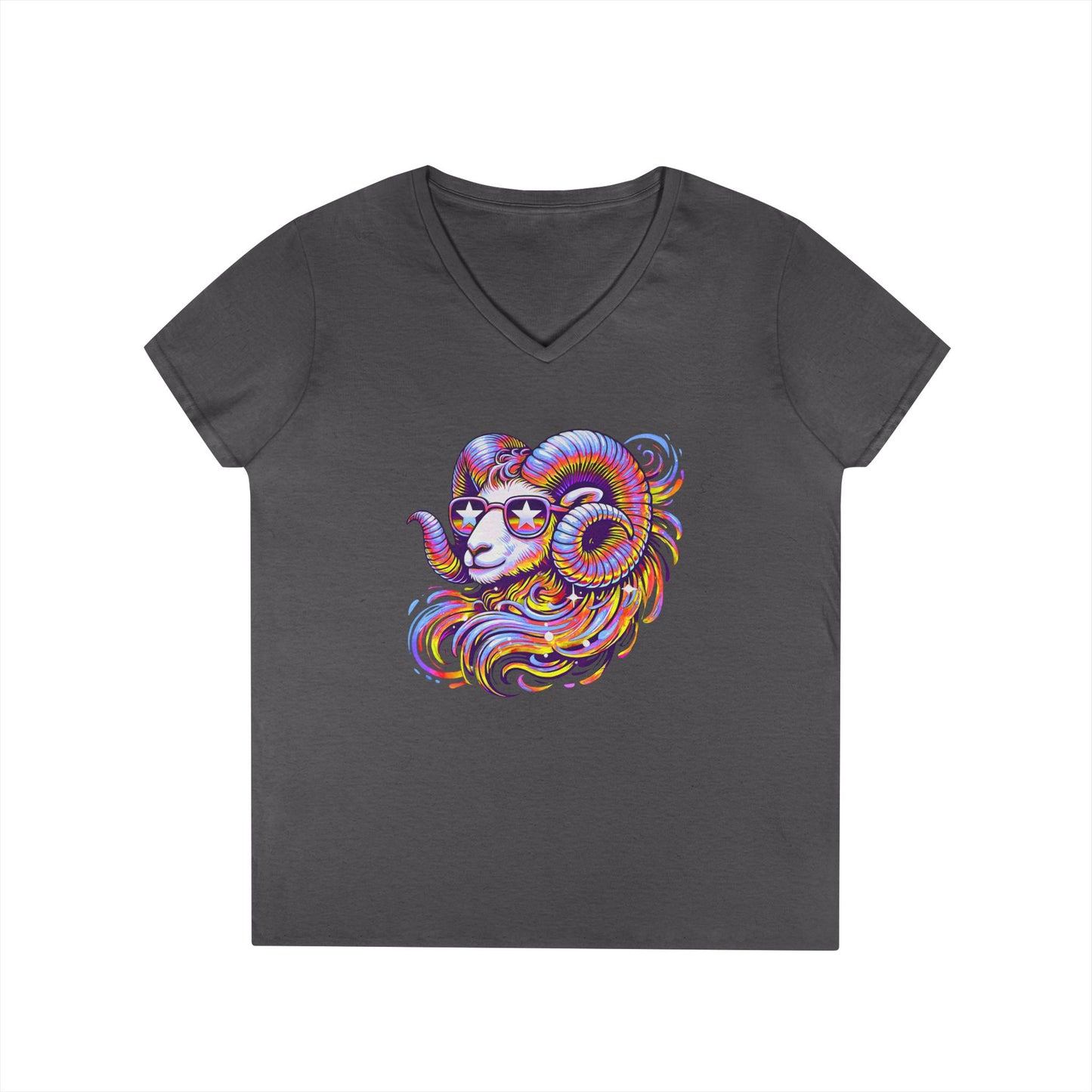 Psychedelic Ram Women’s V-Neck Tee – Empowering Aries Zodiac Shirt