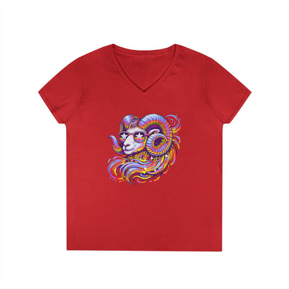 Psychedelic Ram Women’s V-Neck Tee – Empowering Aries Zodiac Shirt