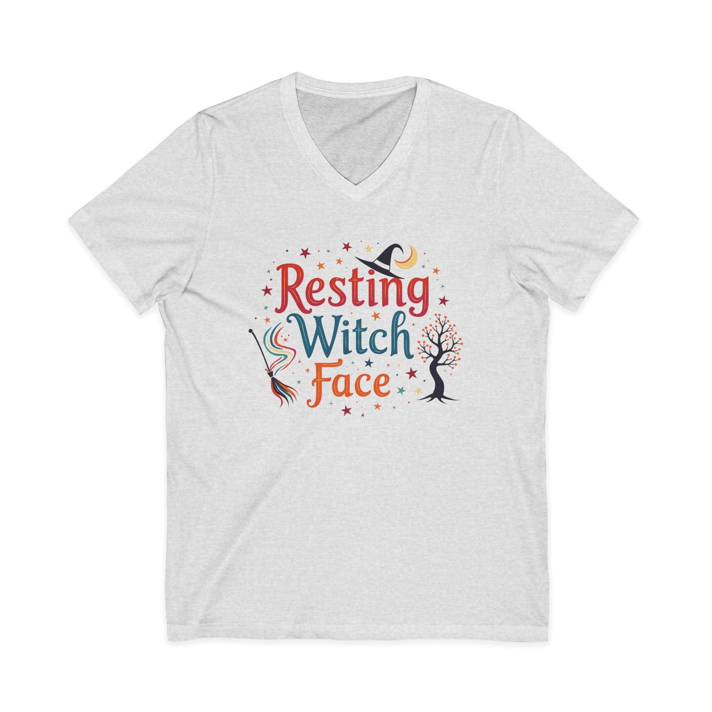 Resting Witch Face V-Neck Tee – Funny Magical Colorful Shirt