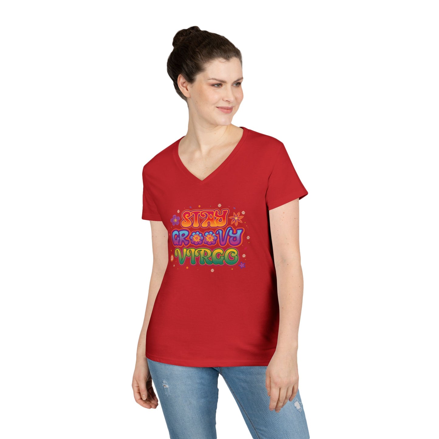 Stay Groovy Virgo Women’s V-Neck Tee – Empowering Retro Colorful Shirt