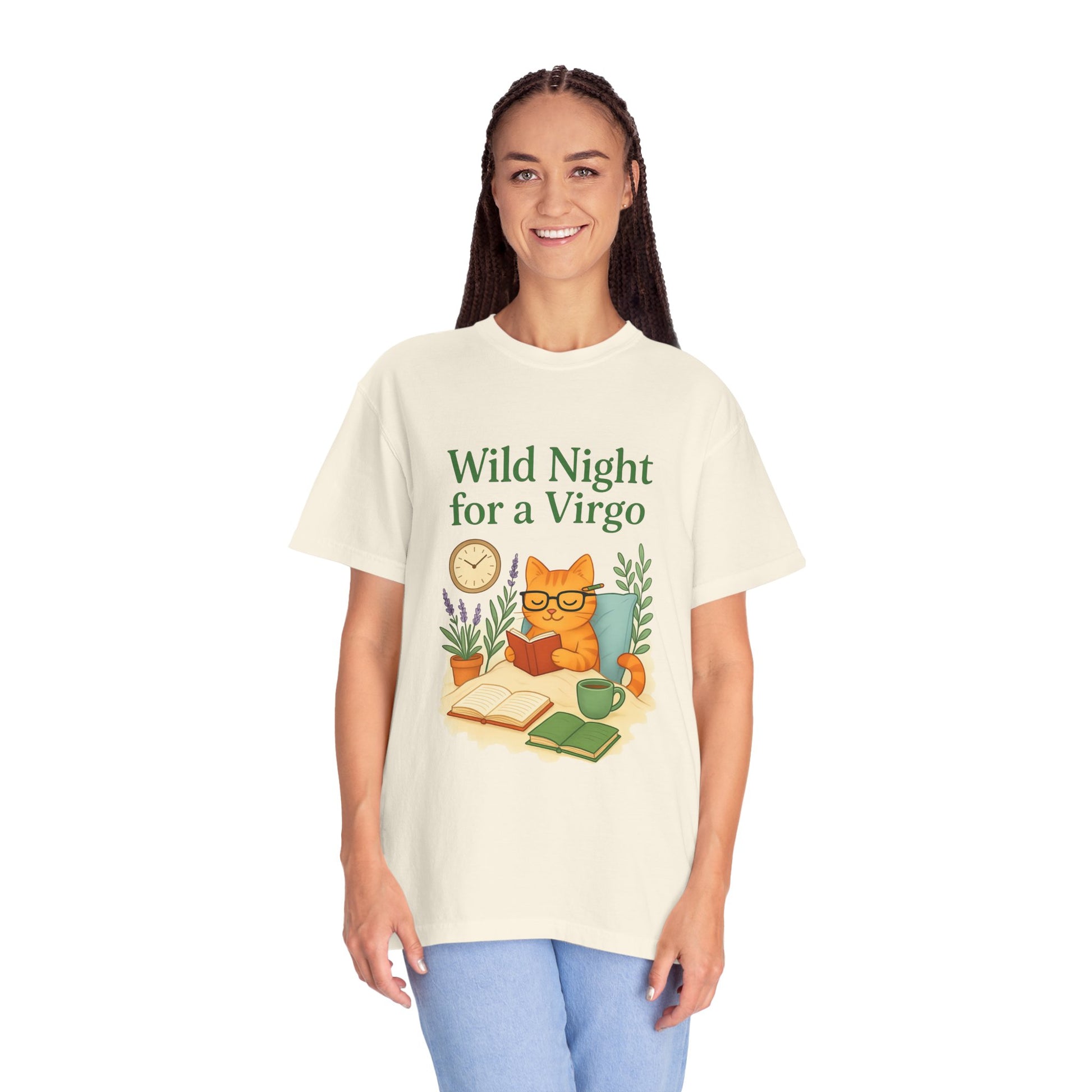 Wild Night for a Virgo – Cozy Cat Tee for Bookish Earth Signs