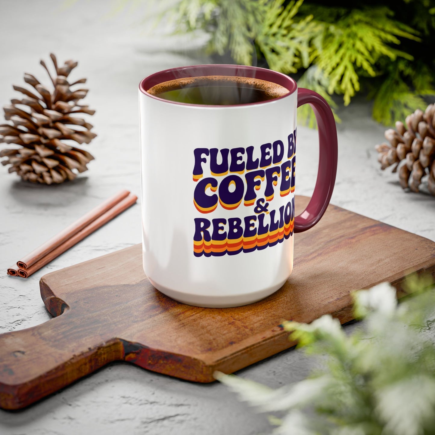 Fueled by Coffee & Rebellion – Funny Retro Mug (Color Accent, 11oz & 15oz)