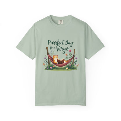 Purrfect Day for a Virgo – Cozy Cat & Hammock Zodiac Tee