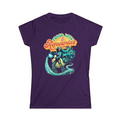 Peace Love Aquarius Women’s Softstyle Tee – Empowering Retro Zodiac Shirt