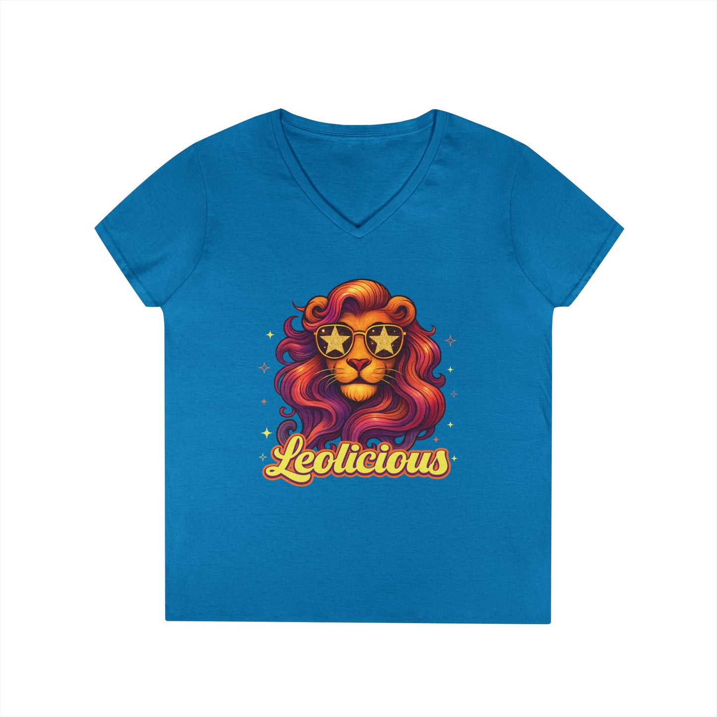 Leolicious Women’s V-Neck Tee – Empowering Retro Lion Zodiac Shirt