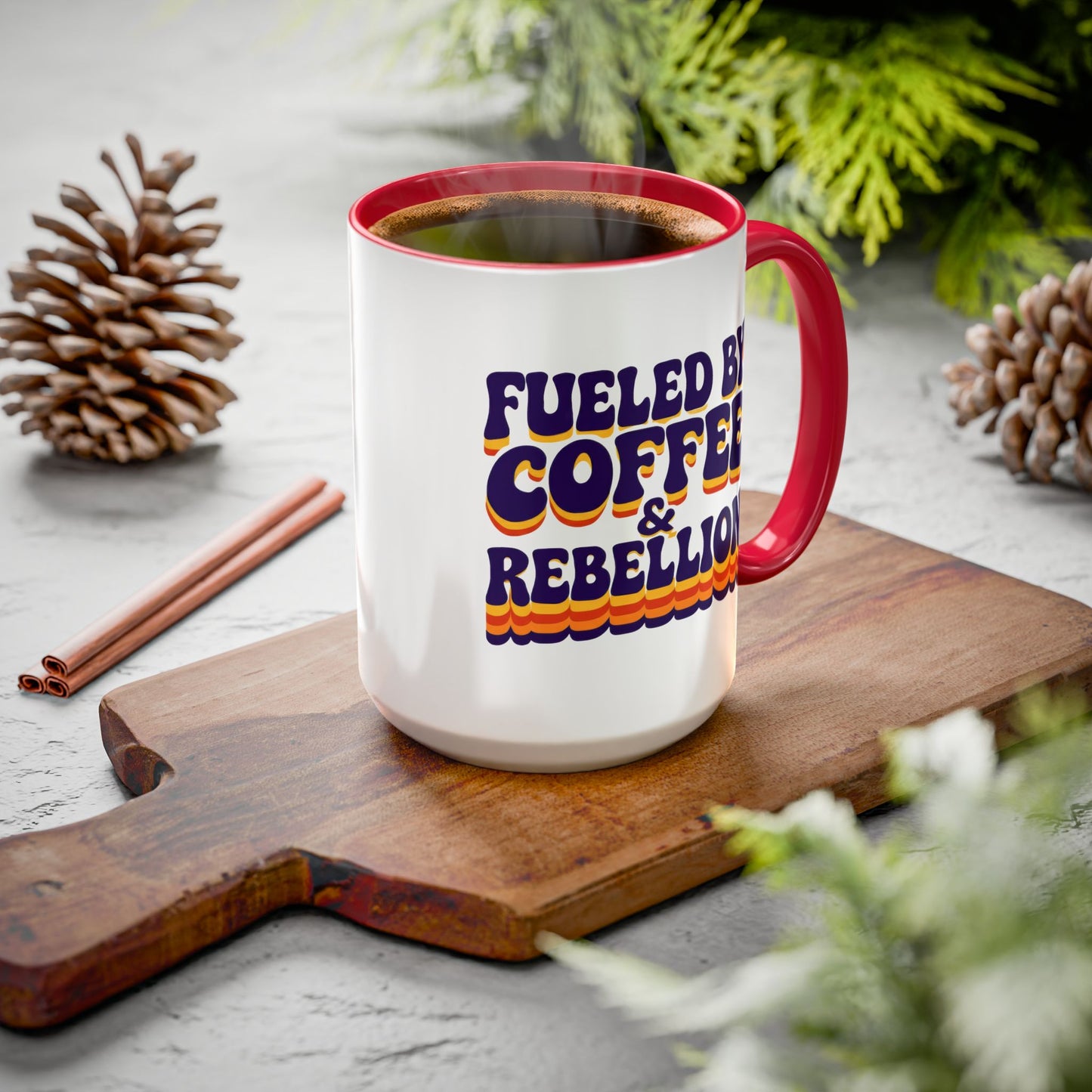 Fueled by Coffee & Rebellion – Funny Retro Mug (Color Accent, 11oz & 15oz)