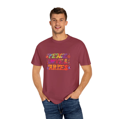 Peace Love & Aries – Colorful Retro Zodiac Tee