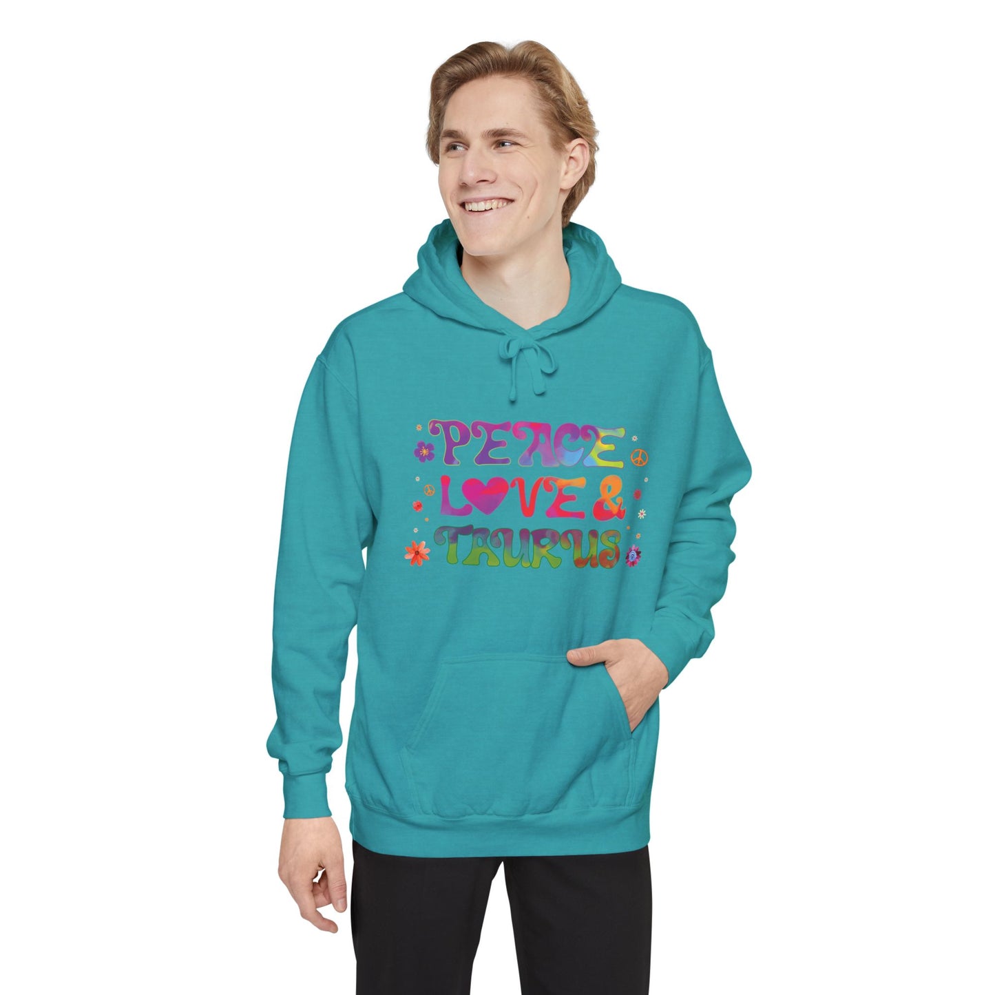Peace Love & Taurus Unisex Hoodie – Groovy Retro Comfort Colors Midweight Hoodie