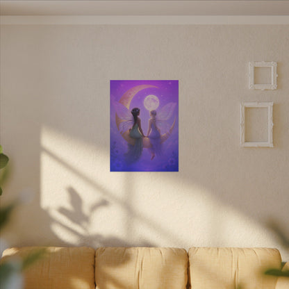 Fairy Friends on the Moon – Enchanted Purple Dream Wall Art