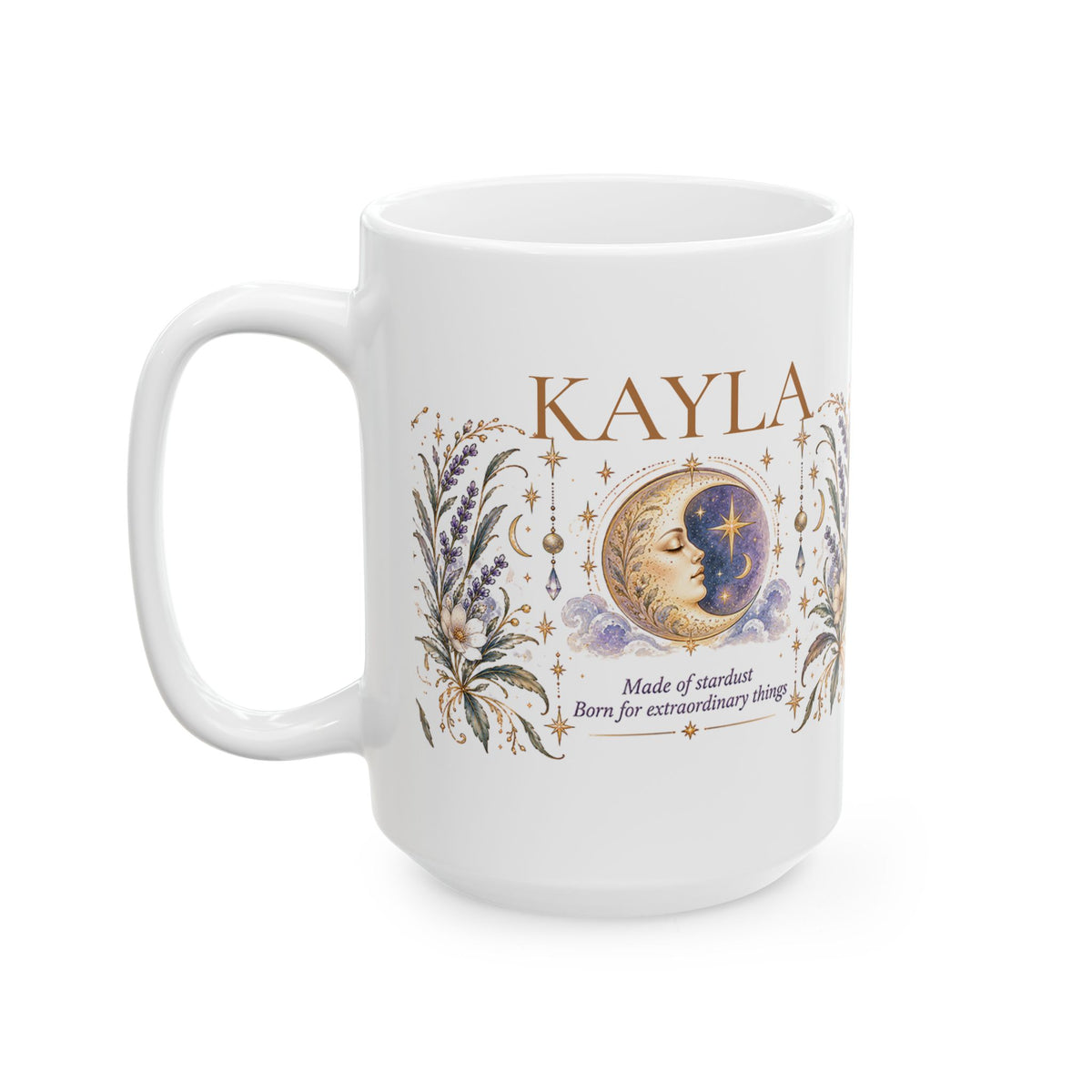 Personalized Moon Mug, Custom Name Coffee Cup, Boho Celestial Crescent Moon Mug, Astrology Gift for Her