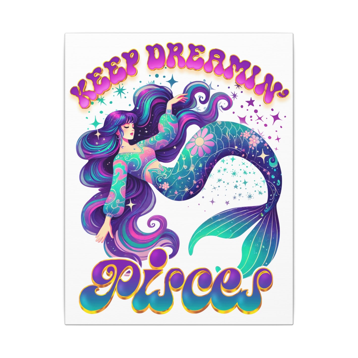 Keep Dreamin’ Pisces Mermaid – Retro Rainbow Zodiac Canvas Wall Art