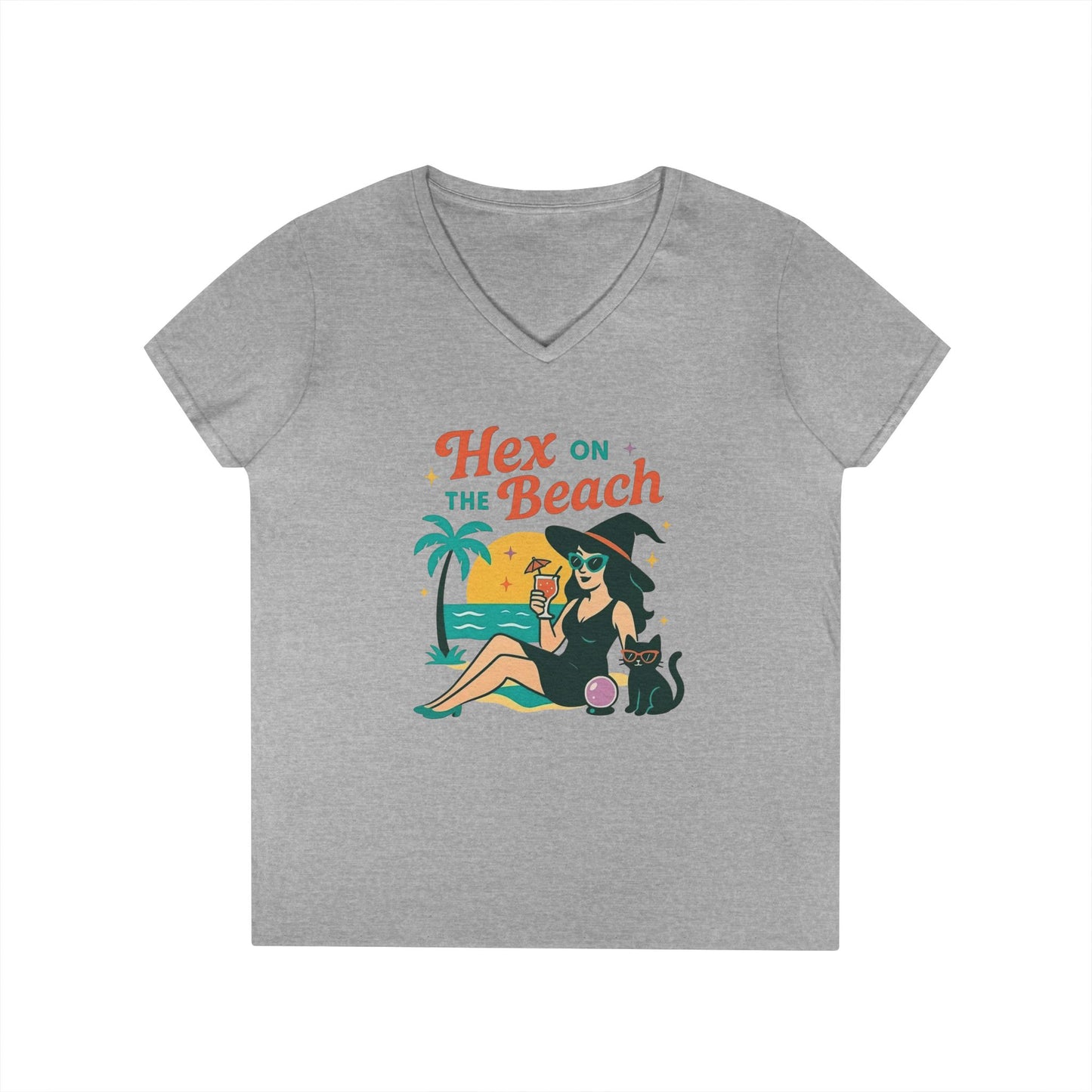 Hex on the Beach Women’s V-Neck Tee – Funny Magical Tropical Witch Shirt