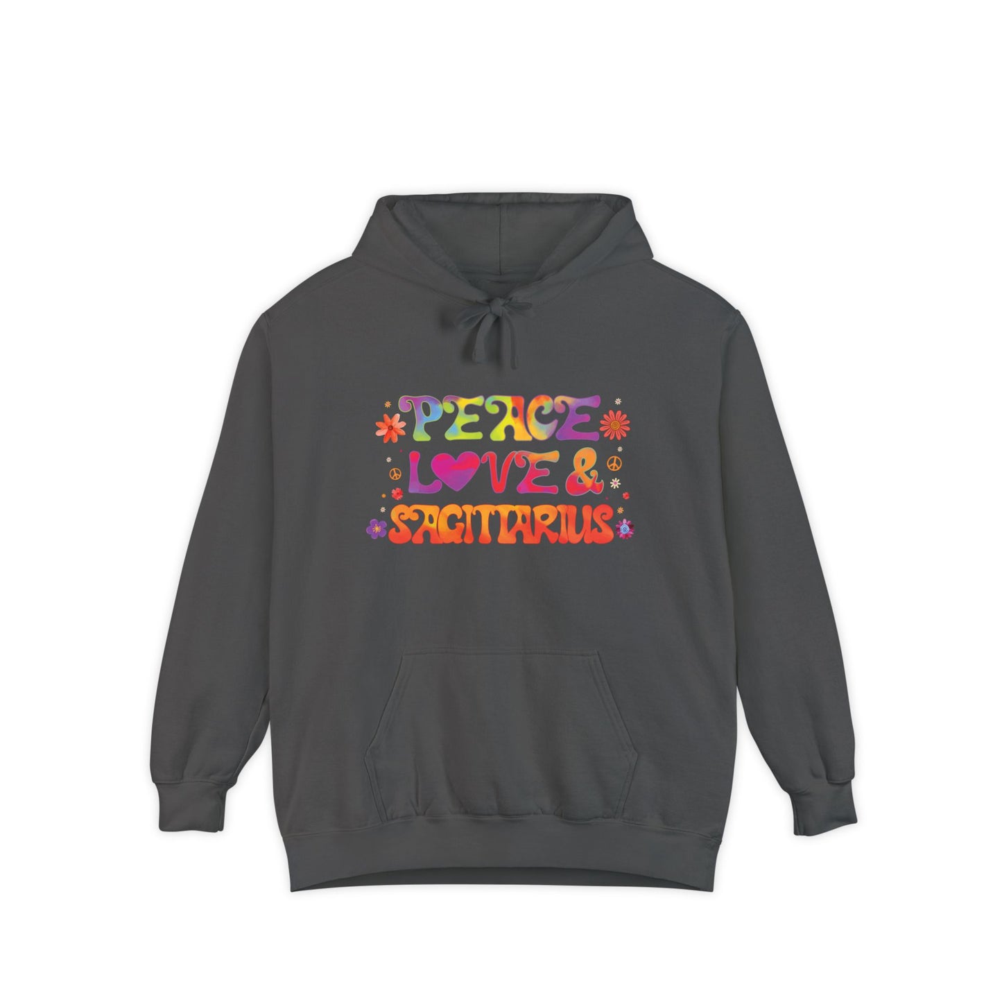 Peace Love & Sagittarius Unisex Hoodie – Groovy Retro Comfort Colors Midweight Hoodie
